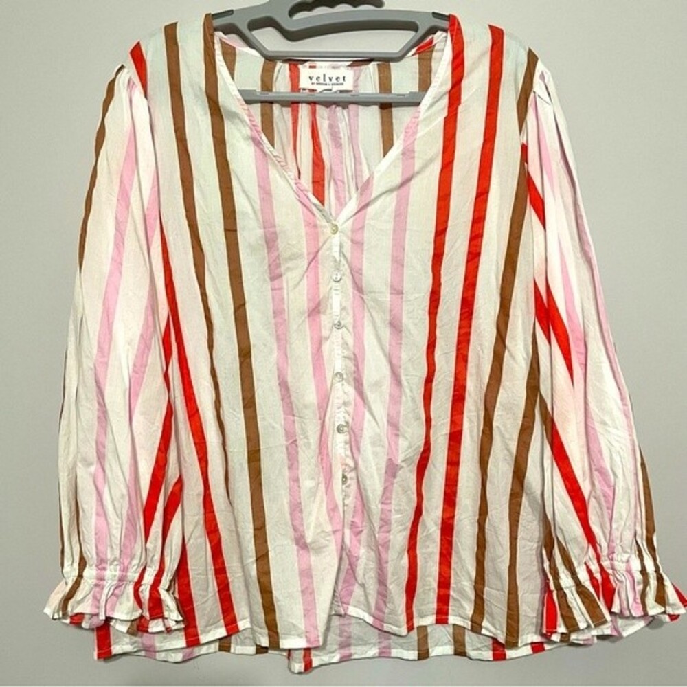 Velvet by Graham & Spencer L Top Button V Neck Long Sleeve Peasant Boho